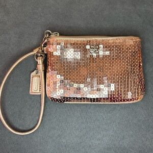 Coach Rose Gold Sequin Wristlet Small Zip Pouch Preloved ✨